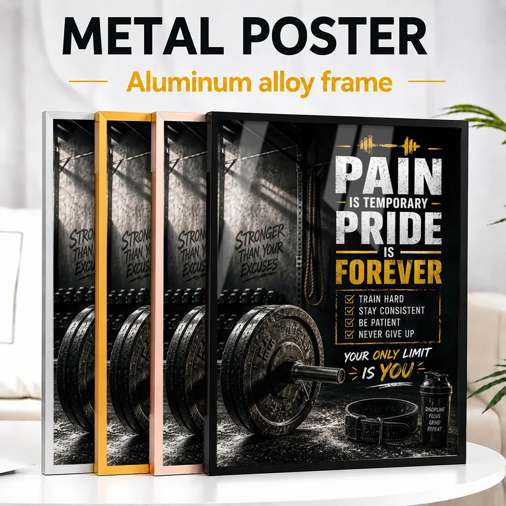 Motivational Gym Workout Framed Metal Poster Personalized Photo Bold Typography Style Wall Art For Bedroom Ideal Birthday Gift