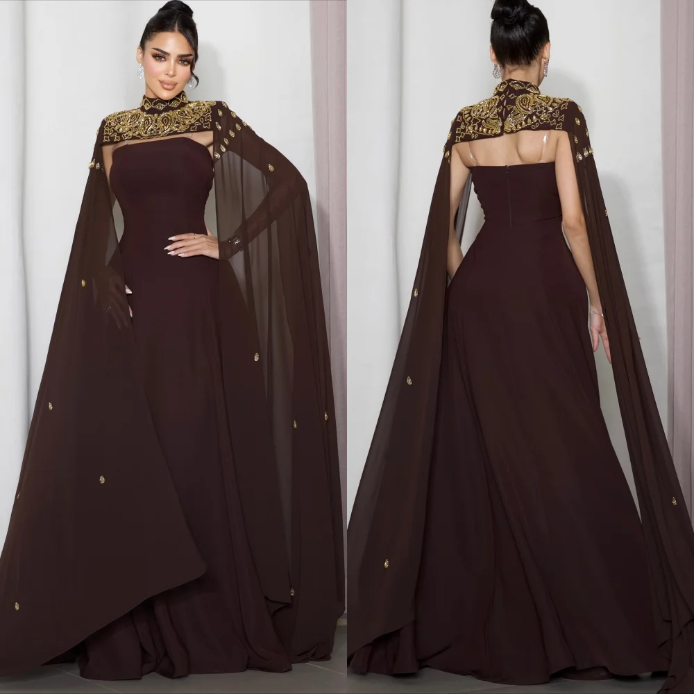 

Customized Matching Jersey Pleat Sequined Pattern A-line High Collar Long Dresses Bespoke Occasion Party High Quality