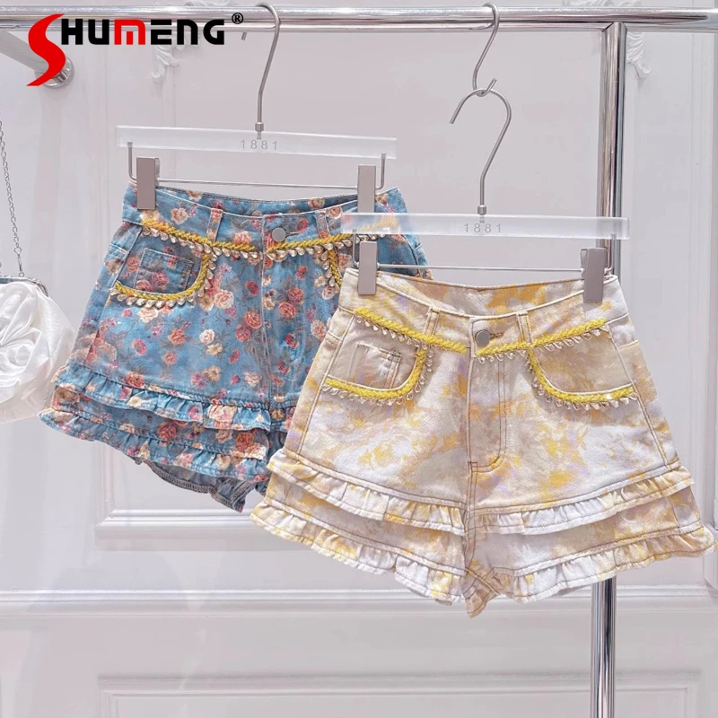 Fashion Diamond Rose Denim Shorts Women's 2025 Summer High-waist Pocket Decoration A-line Shorts Wide-leg Denim Hot Short Pants