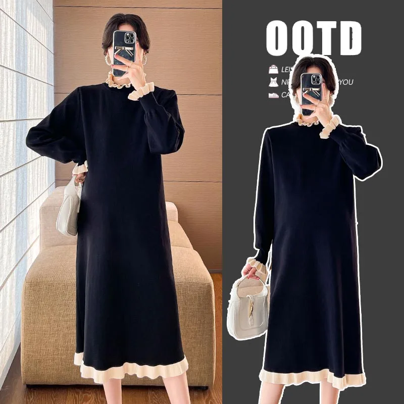 

Solid Casual Knitted Dress Autumn Winter Women Large Size Loose O-Neck Mid-Calf Long Sleeve Bottoming Maternity Sweater Dress