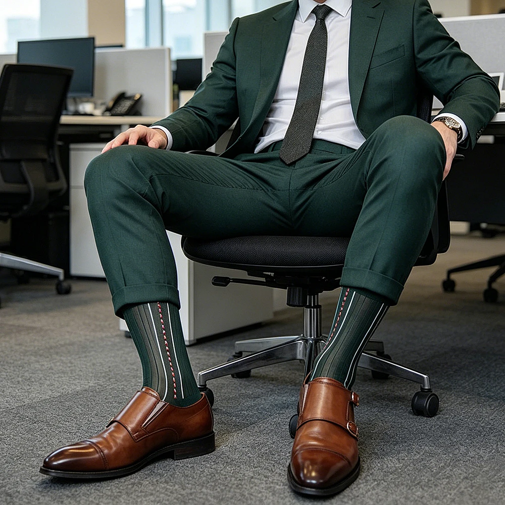 Men's Vertical Red White Stripe mid Calf Socks - Breathable Thin Mesh Transparent 2 Colors Black Green Sheer Formal Suit Socks