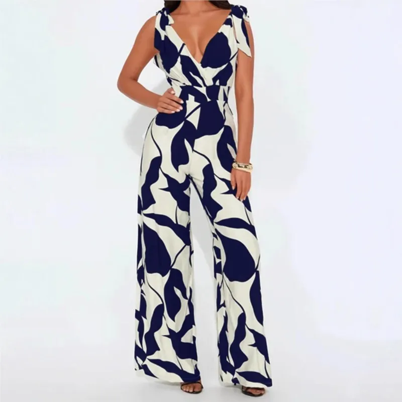 

Elegant Women's Sexy Backless Sleeveless Jumpsuit Summer Fashion Print V-neck Lace-up High Waist Jumpsuits Y2k Streetwear 2025