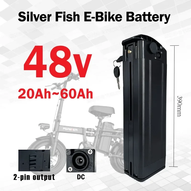 Brand new DC plug socket 48v 20ah-60ah 2-pin Silver fish lithium battery electric bicycle 48v18650 battery with charger