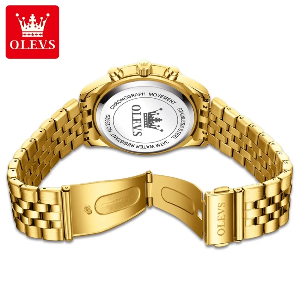 OLEVS-Relógios de quartzo de luxo masculino, réplica original high-end, Golden Stainless Steel Chronograph, Moon Phase, Waterproof Man Watch