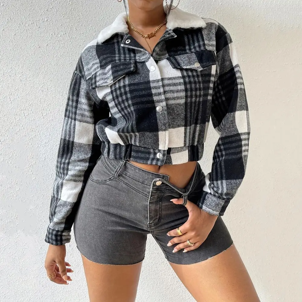 Casual Single-breasted Jacket Front Placket Coat Plaid Print Women's Short Coat with Turn-down Collar Stretchy Hem for Fall