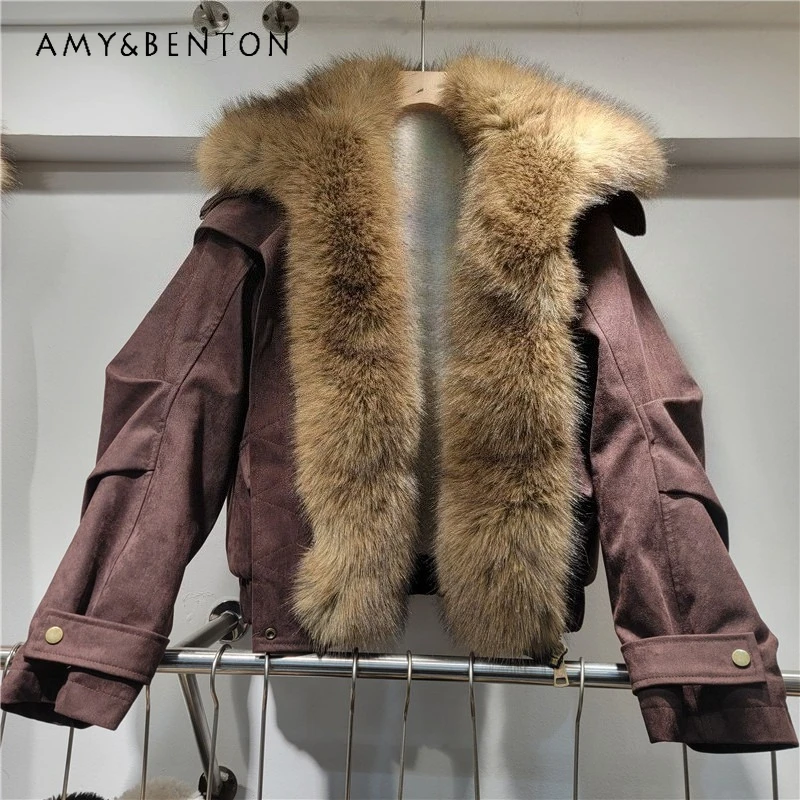 Winter New Thickened Warm Suede Coat For Women's Short Motorcycle Jacket Leather Faux Fur Integrated Shearling Parka Outerwear