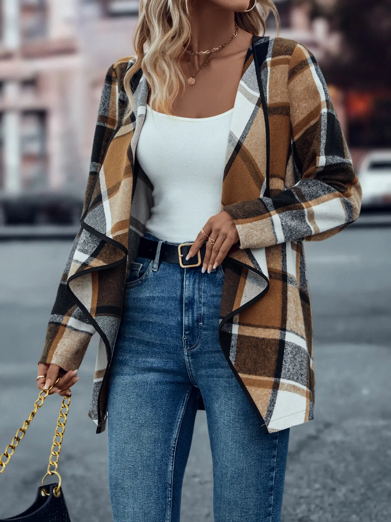 European and American cross-border women\'s fashionable and elegant plaid printed slim fit jacket