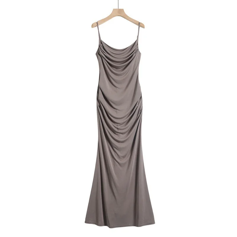 Spicy Girl Style Off-Shoulder Strap Women 2026 Summer pleated elastic slim-fit solid color bodycon fishtail long dress