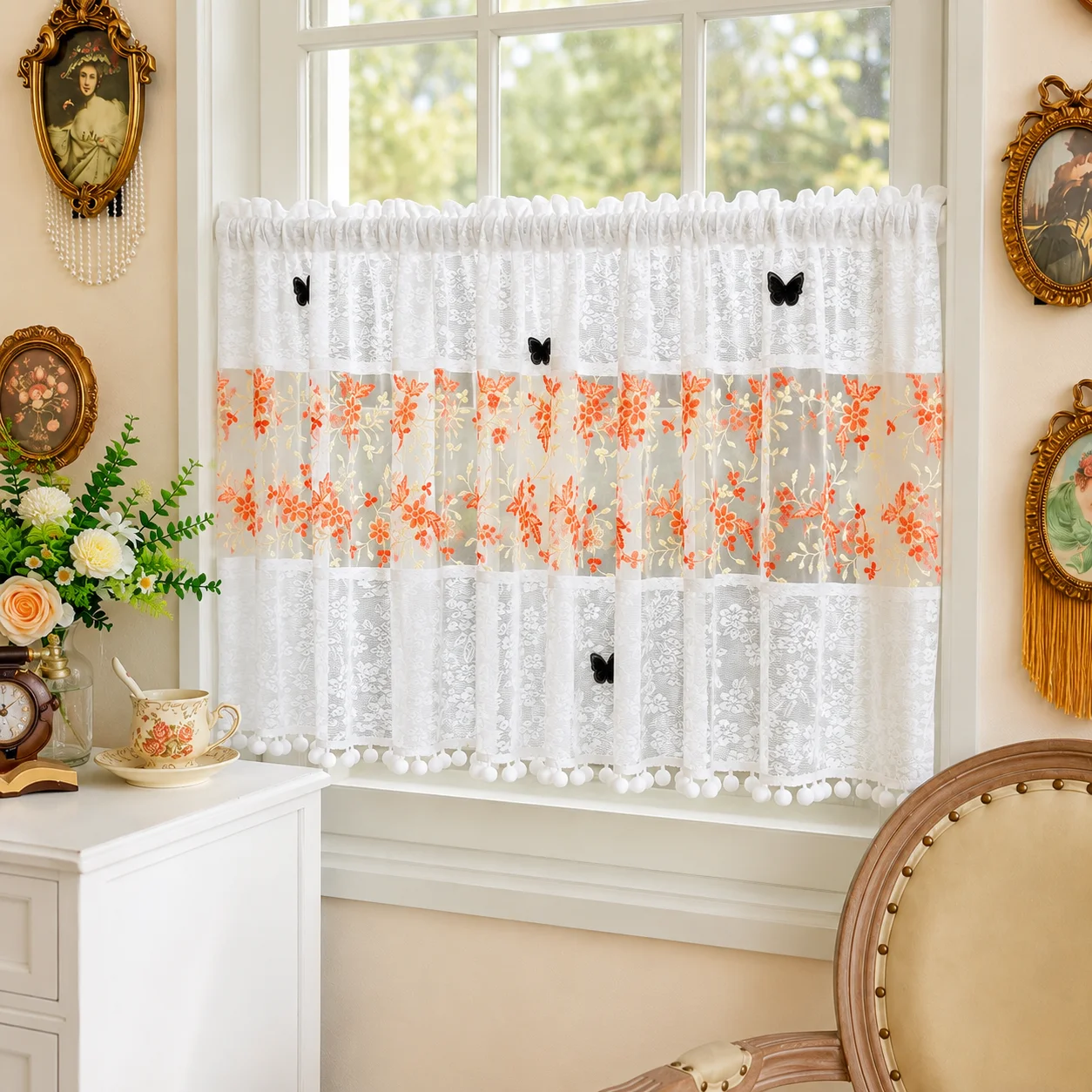 White Lace Cafe Curtain Orange Floral Embroidered Sheer Valance with Black Butterfly Applique Pom Pom Trim Kitchen Drapes