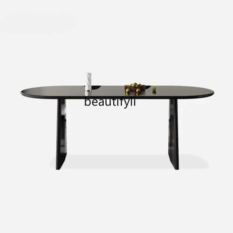 Italian minimalist solid wood dining table oval small apartment French tempered glass long dining table and chair combination