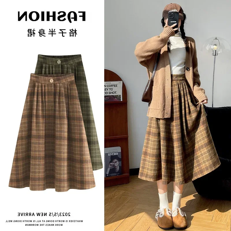 New Style Women's Plaid Skirt High-Waisted A- Line Umbrella Skirt Medium-Length Woolen Skirt Petite Autumn Winter 2024