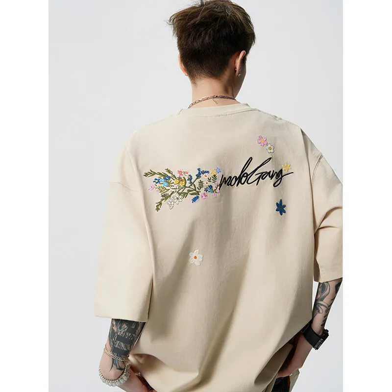Back Floral Embroidery T-shirt Men's Summer Short-sleeved T-Shirt Retro Street Shooting Couple Clothes Loose Round Neck Tops