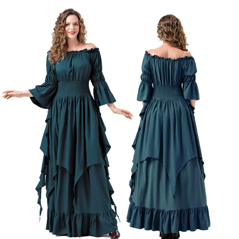 Medieval Renaissance Princess Dress Halloween Victorian Costume Floor-Length Dress Women Shirred Waist Cincher Off Shoulder Gown