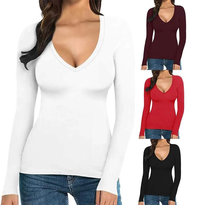V Neck Long Sleeve T Shirt Slim Fit Commuter Chic with T Shirts Office Wear Regular Length Seamed Construction Autumn for Women