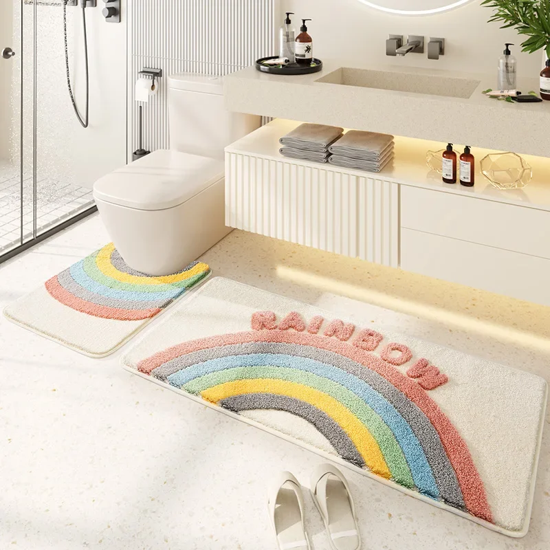 Cartoon Rainbow Bath Mat Set Thickened Microfiber Flocked Bathroom Rug Toilet Decorative Floor Mats Non-slip and Water Absorbent