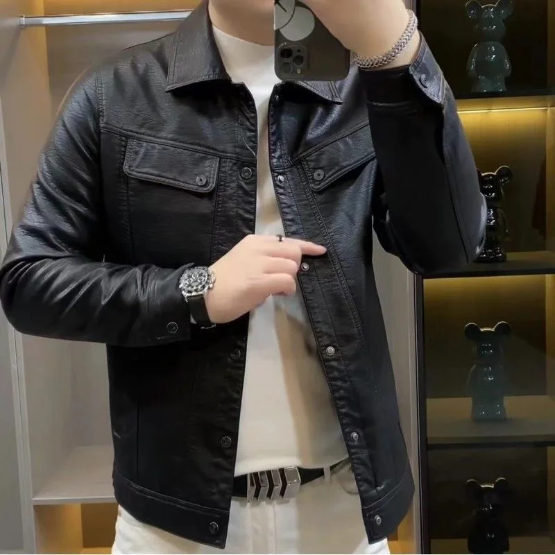

Мужская кожаная куртка Slim Fit R80: модная повседневная байкерская куртка из искусственной кожи с длинными рукавами, на молнии, без бренда