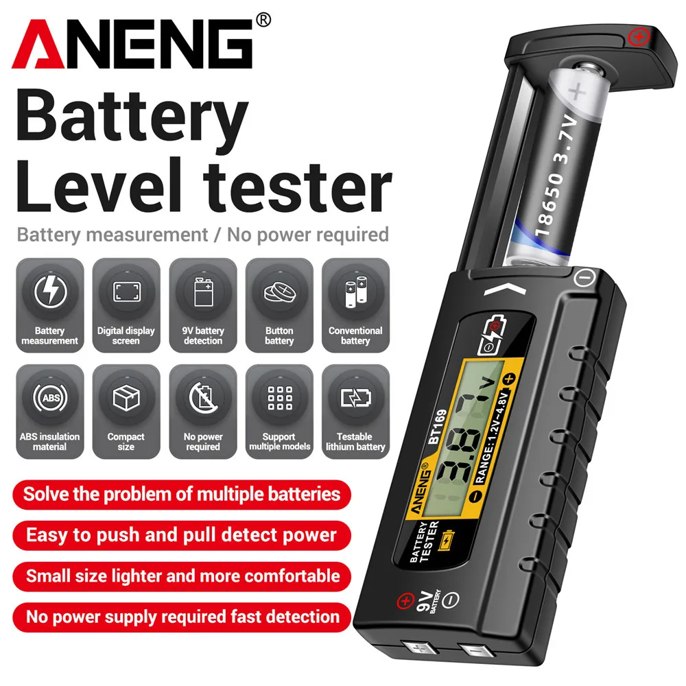 

ANENG BT169 Battery Level Tester Digital Display Screen MultipleMeasurements No power required Portable ABS Plastic Tester Tools