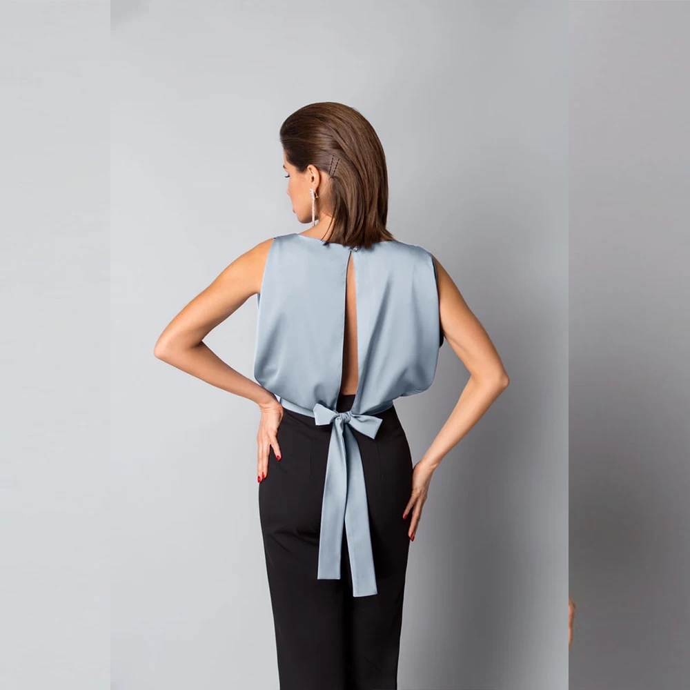 New Summer Clothes Women Solid Sexy Backless Lace Up Bow Satin Top Sleeveless Back Hollow Out Round Neck Elegant Shirt - Image 2