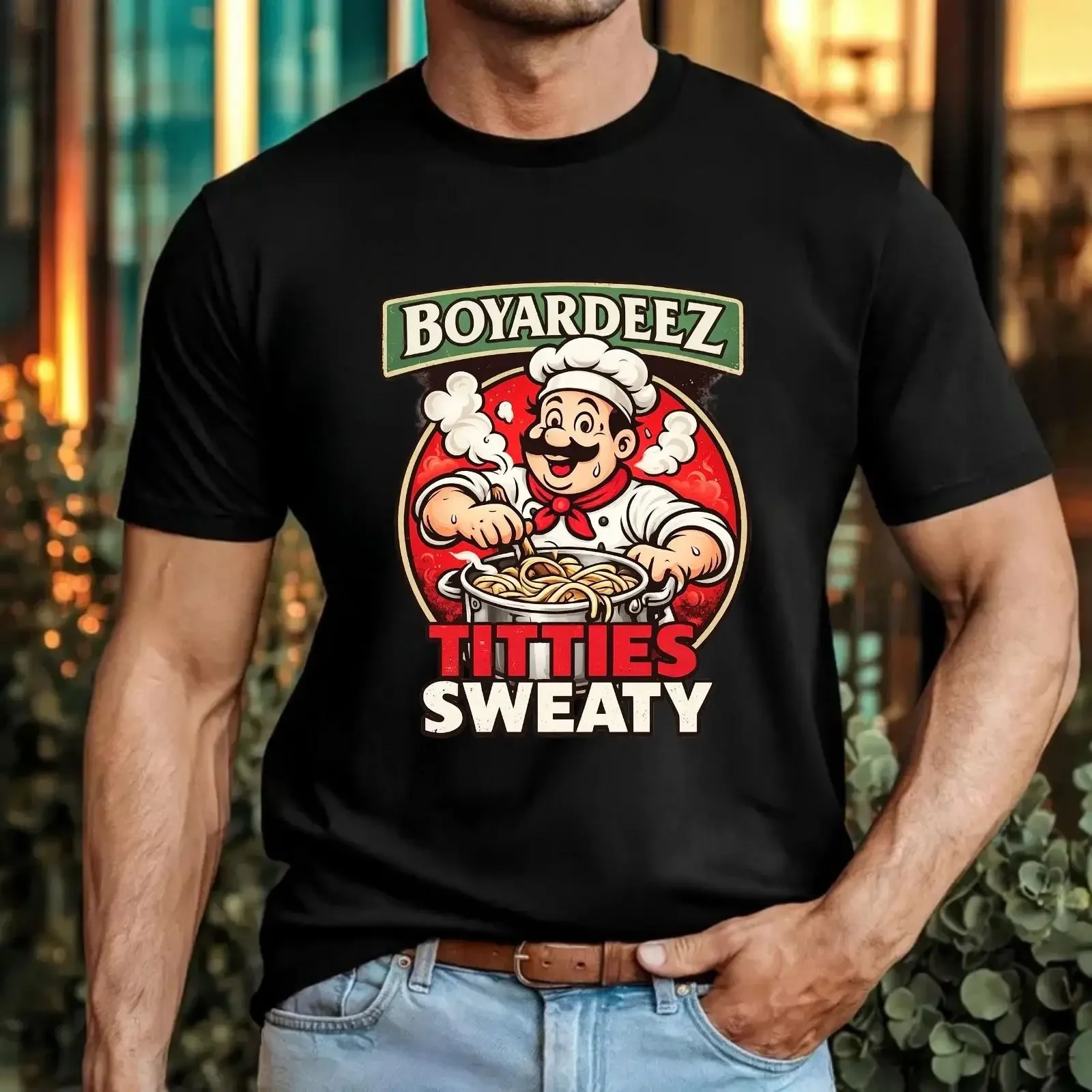 Boyardeez Titties Sweaty Funny T Shirt Retro Pasta Cook Adult Humor Meme Image 1 of 2 vintage Washed Stylish Casual graphic