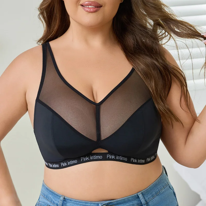 Women Plus Size Wirefree Minimizer Bra 3/4 Cup Sheer Mesh Adjustable Straps 4-row Hooks Side Support Anti-sagging Super Comfort