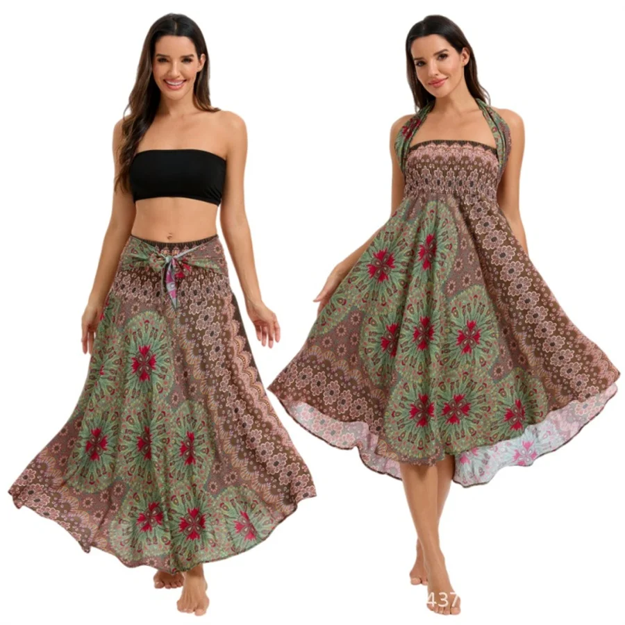 Damen Boho-Kleid aus Rayon, Atmungsaktiv, Weich, Sommerliches Bohemian Langes Kleid, Strandkleidung, Urlaub, Elastische Taille, Bandage-Neckholder, Hippie-Kleid – Detail 5