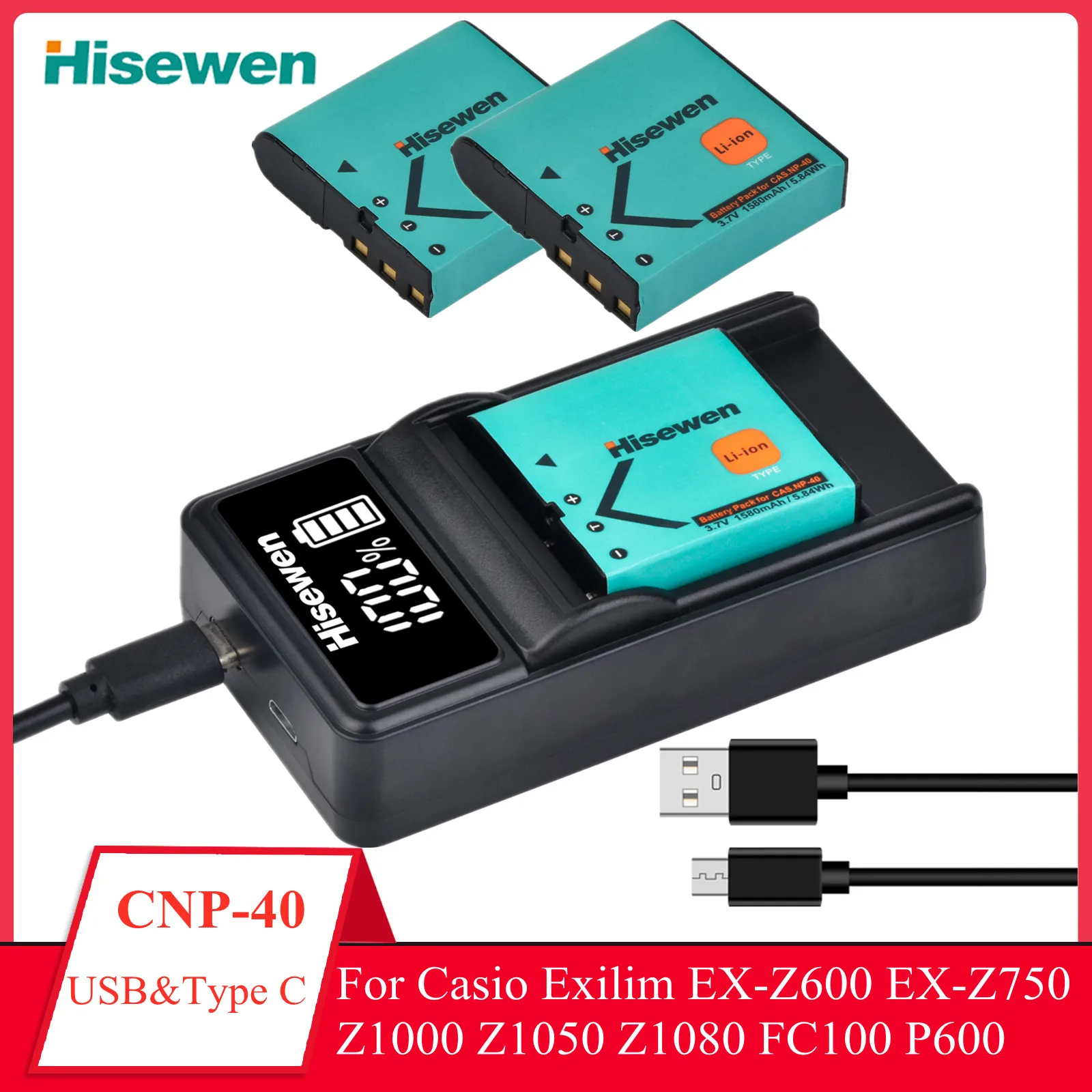 NP-40 NP40 CNP-40 Battery+Charger with Type C Port For Casio Exilim EX-Z600 EX-Z750 Z1000 Z1050 Z1080 FC100 FC150 P505 P600 P700