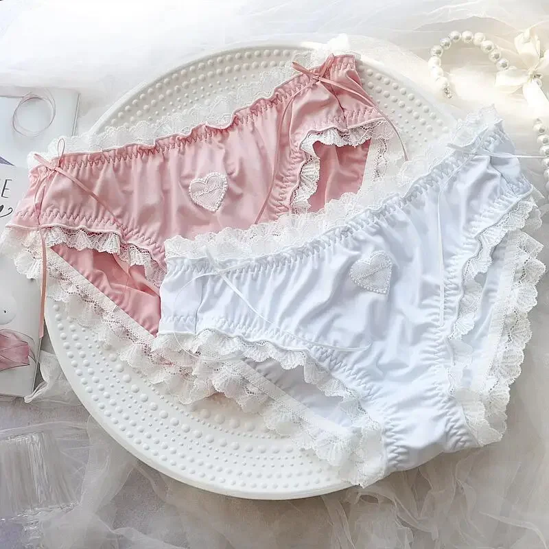 4XL Large Size Women Cute Lovely Sweety Japanese Style Lolita Cosplay Panties Sexy Lace Milk Silk Soft Ruffles Underwear Breifs