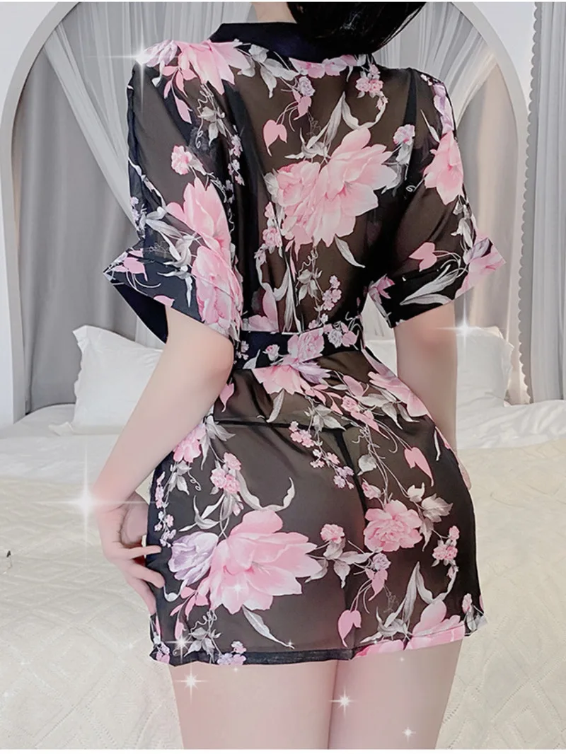 ドレスフラワープリントミニシャツ和風下着半袖女性のホーム服ドレスエレガントなルーズカジュアル 6BRH