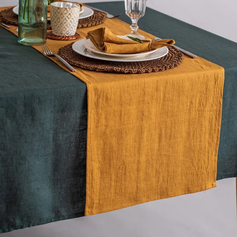 الكتان الفرنسي 100% حجر غسل الجدول مسار مخصص فاخر لون نقي طاولة شاي عداء طاولة طعام الغربية اكسسوارات الديكور