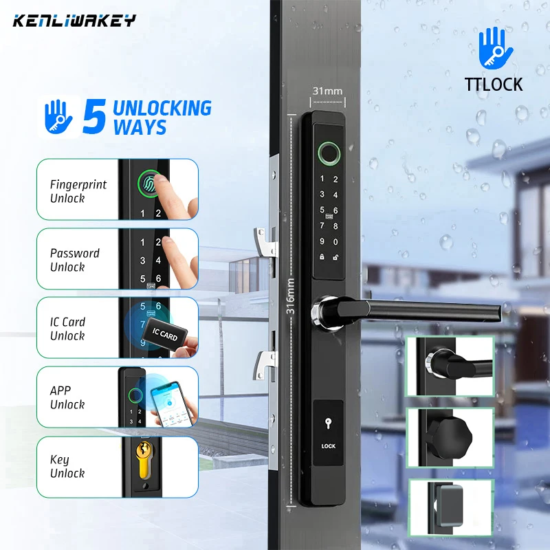 Waterproof Outdoor Fingerprint Lock TTLOCK Bluetooth APP RFID Card Code Electronic Smart Door Lock Aluminum/Glass Sliding Door