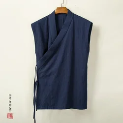 Chinese Traditional Clothing Hanfu Vest Men Linen Cotton Sleeveless Top Men's Tang Suit Kimono Cardigan