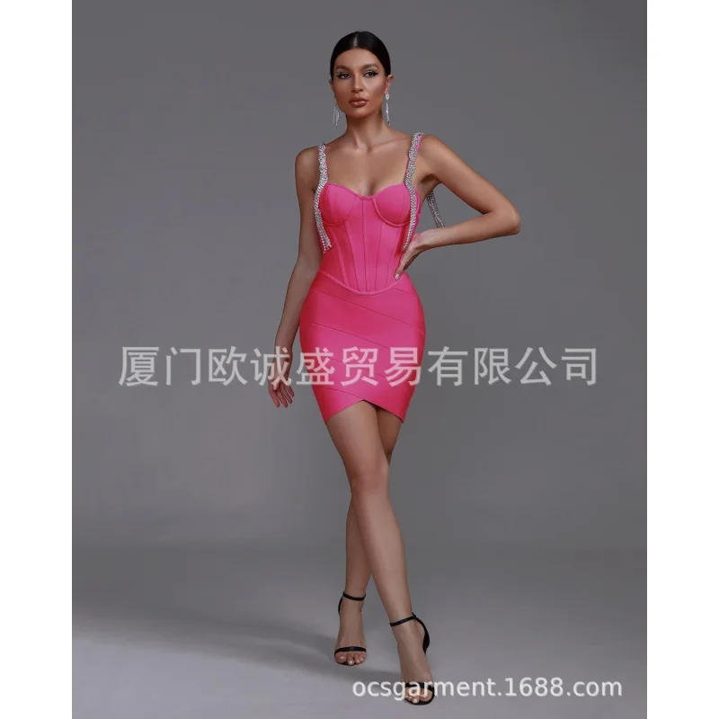 European and American Fashion Bandage One-Piece Dress Diamond Strap Tassel Tube Top Irregular Hip-Wrapped Short Small Dress