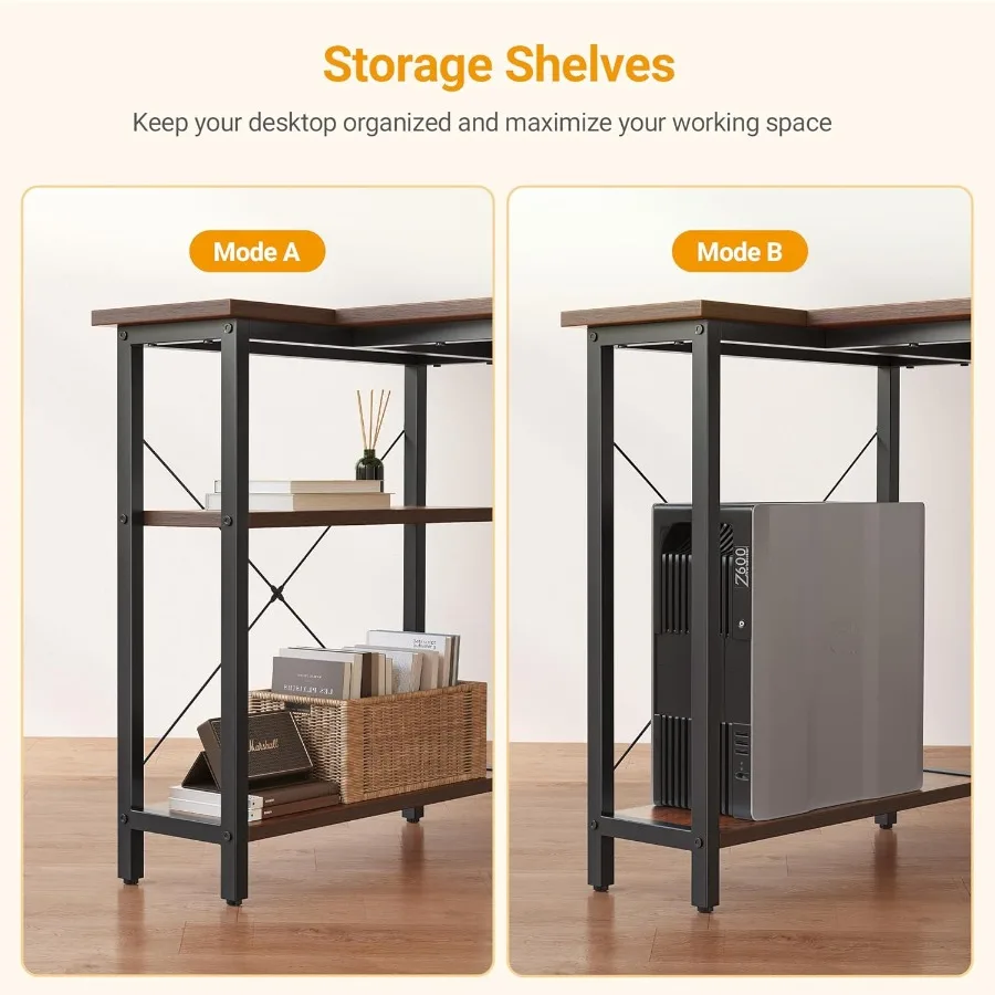 L字型デスク 47インチ コンピューターデスク リバーシブル収納棚付き ホームオフィスコーナーワークステーション スタディライティングテーブル付き
