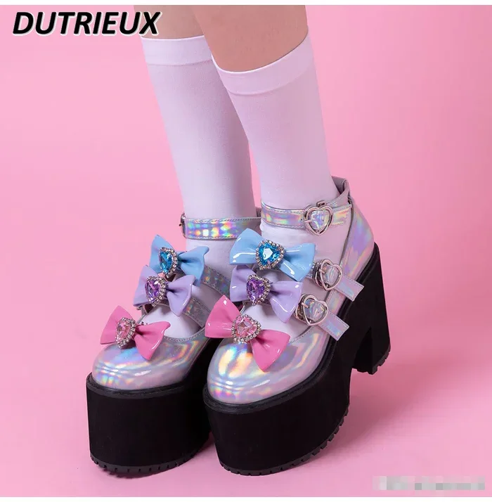 Japanese Lolita Shoes Women Cute Kawaii Sweet Bow Thick Bottom Platform Mary Jane Shoes Women's Pumps 2024 Summer New High Heels