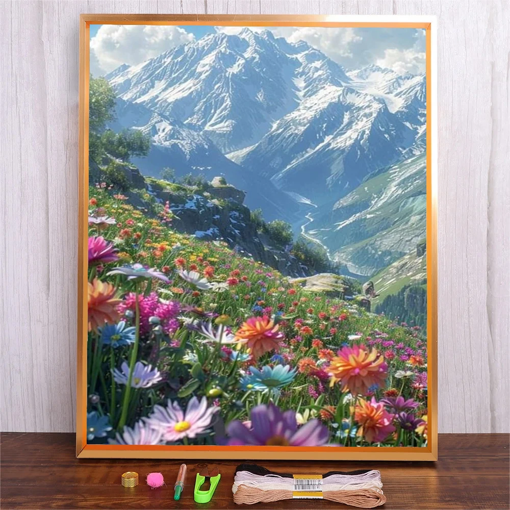 Handmade Embroidery Starter Kit Flower Mountain Patterns Cross Stitch Needlework DIY Crafts Home Decoration Landscape Printed