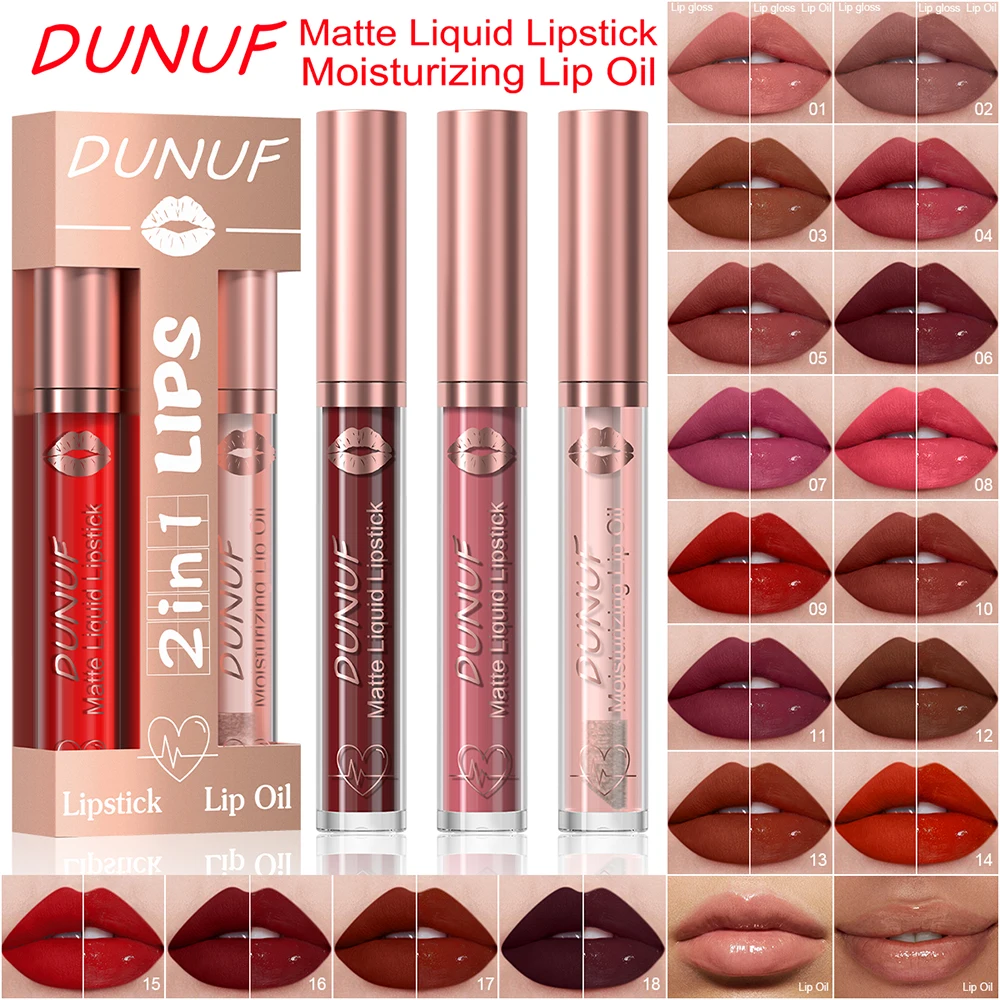 DUNUF Lip Gloss And Lip Oil Set 2-Piece Long-Lasting Waterproof Matte Moisturizing Non-Fading Lipstick Collection