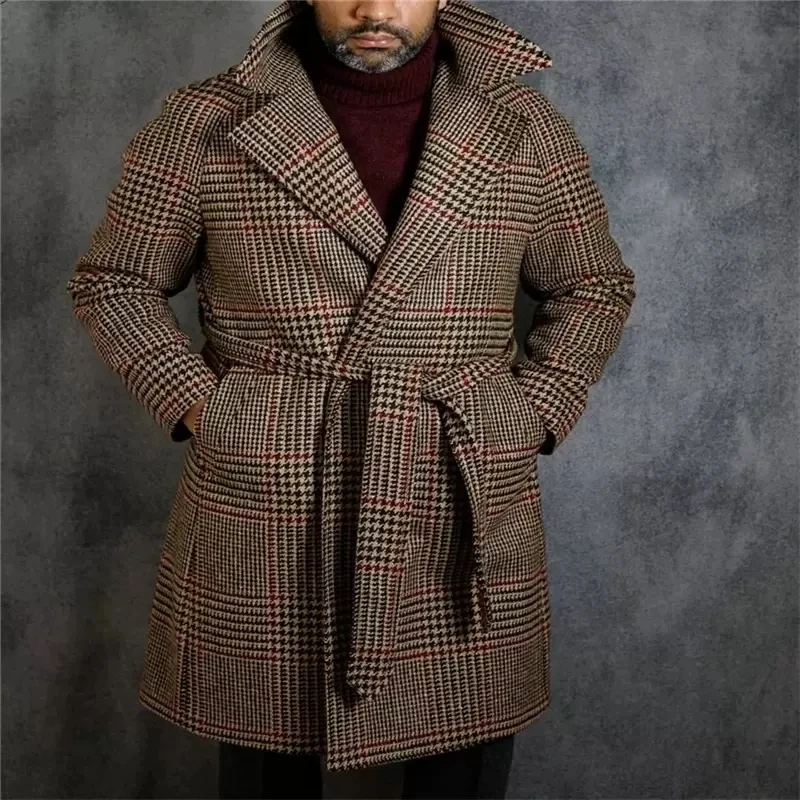 Houndstooth Nam Phù Hợp Với Mùa Đông Dài Áo Khoác Len Áo Liền Quần Với Dây 1 Công Việc Ấm Dày Cashmere Áo Khoác Tùy Chỉnh