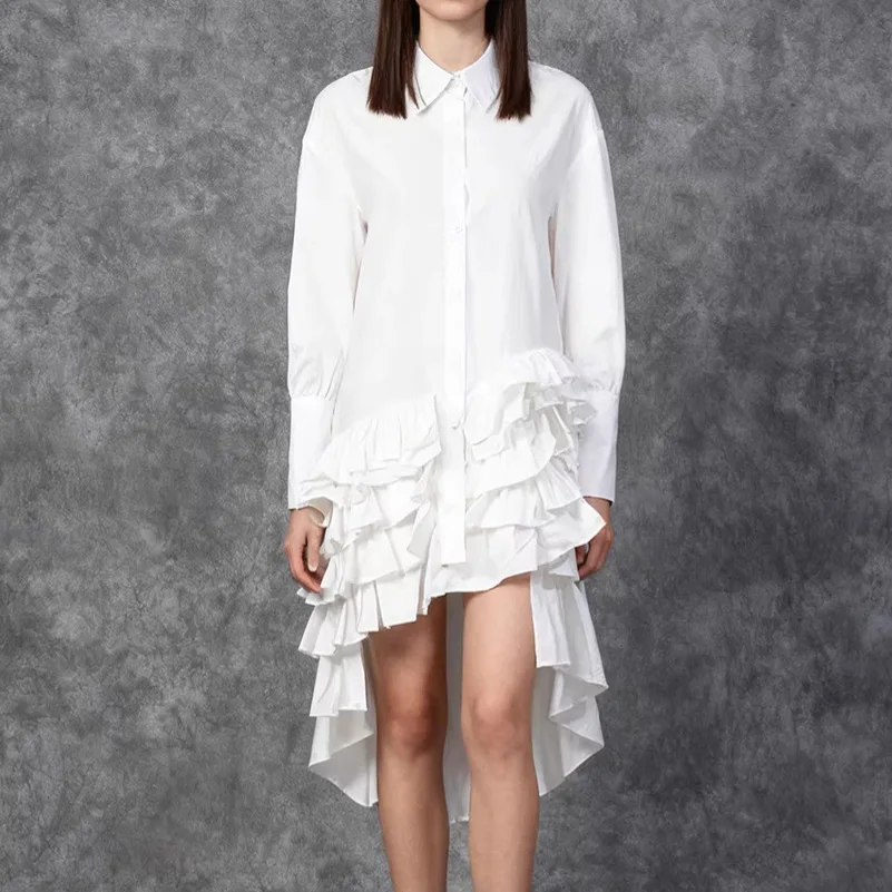 

SuperAen Korean Style Design Edible Tree Fungus Loose Dress Women's Spring New Asymmetrical Sweet Ruffles Polo Dress
