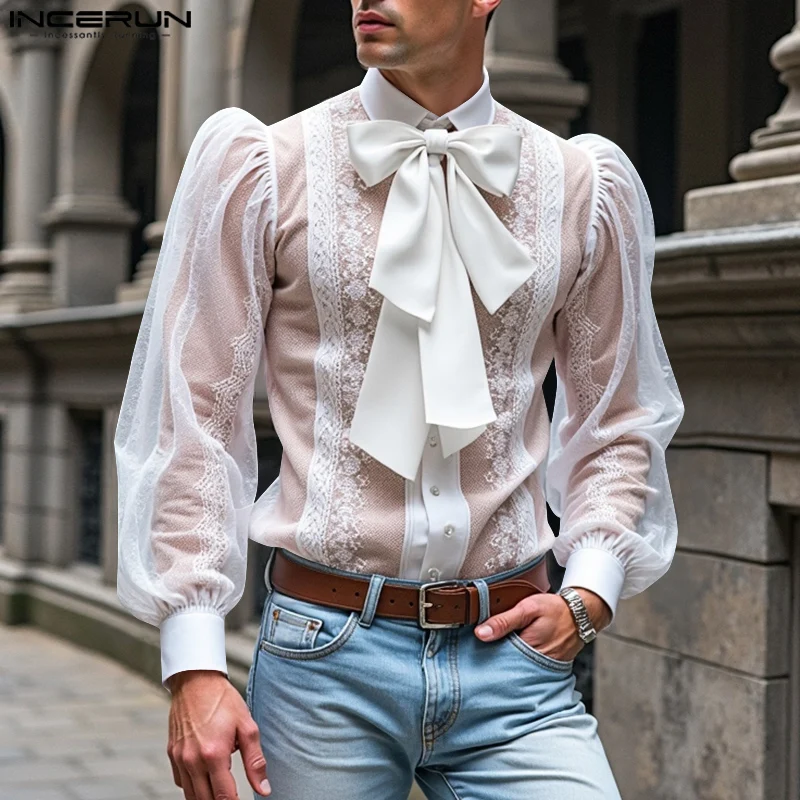 Fashion Casual Style Tops INCERUN Handsome Men Lace Patchwork Perspective Design Shirts Sexy Male Long Sleeved Thin Blouse S-5XL