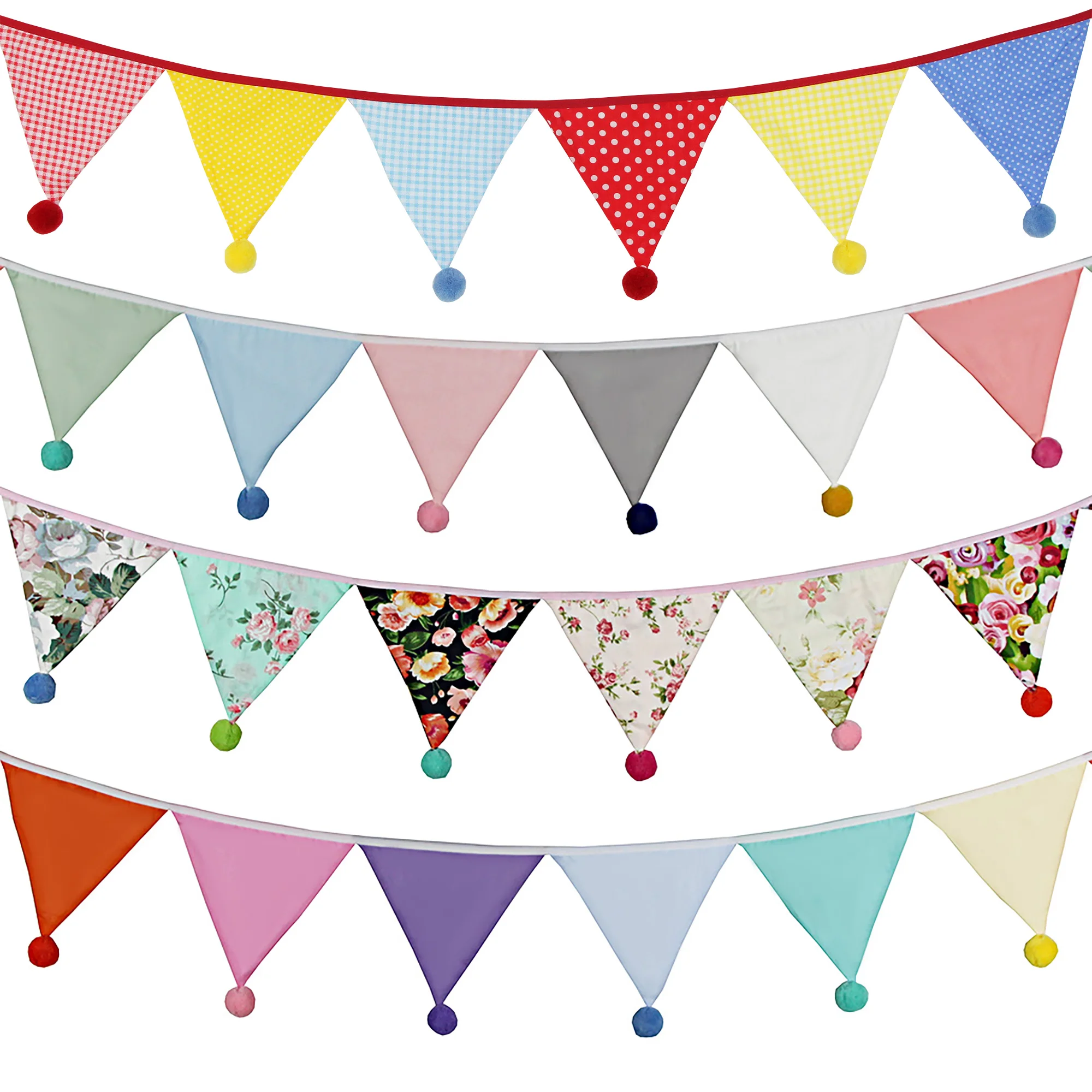 3.2M Vintage Floral Fabric Bunting 12 Pennant Flags With Balls Wedding Party Decor Banner Home Baby Shower Carnival Garland