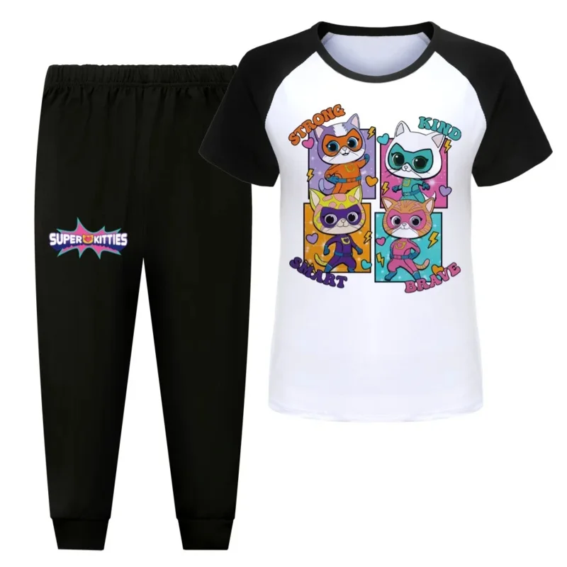 Superkitty-Pijama de manga corta para niños y niñas, Conjunto de camiseta y pantalones de manga larga, ropa de dormir para el hogar, Primavera