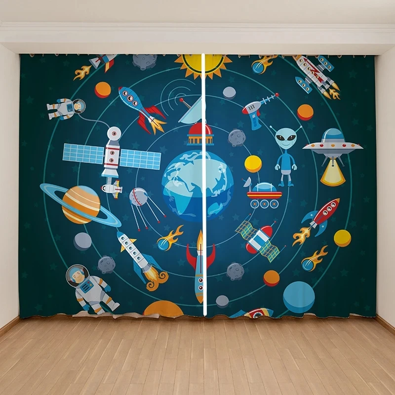 Cartoon Cute Space Astronaut Planet High Shading Curtain Children's Boys Girls Bedroom Window Dark Blue Series Pattern 2 Panels