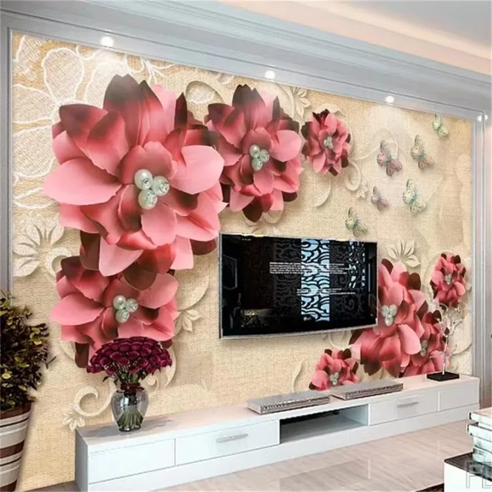 Custom wallpaper 3d mural square silk pink rose vine background wall white floral water pattern home and rich mural decoration