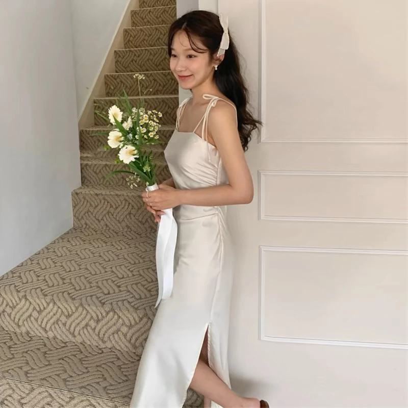 Ele Summer Silk Satin Lungo Dr Abito da donna con cintura dimagrante senza spalline Ladylike Sle Pendolarismo Adatto X-ape Silhouette