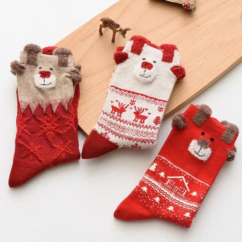 3 Pairs/Set Women Christmas Socks Cute Santa Claus Autumn Winter Elk Female Mid-Calf Socks Festival Kawaii Merry Christmas Sock