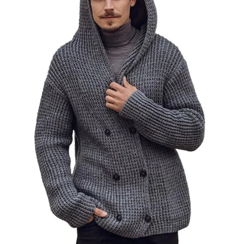 Cárdigan de doble botonadura para hombre, suéter con capucha, Chaqueta de punto de manga larga de Color sólido, Tops masculinos, otoño e invierno, nuevo