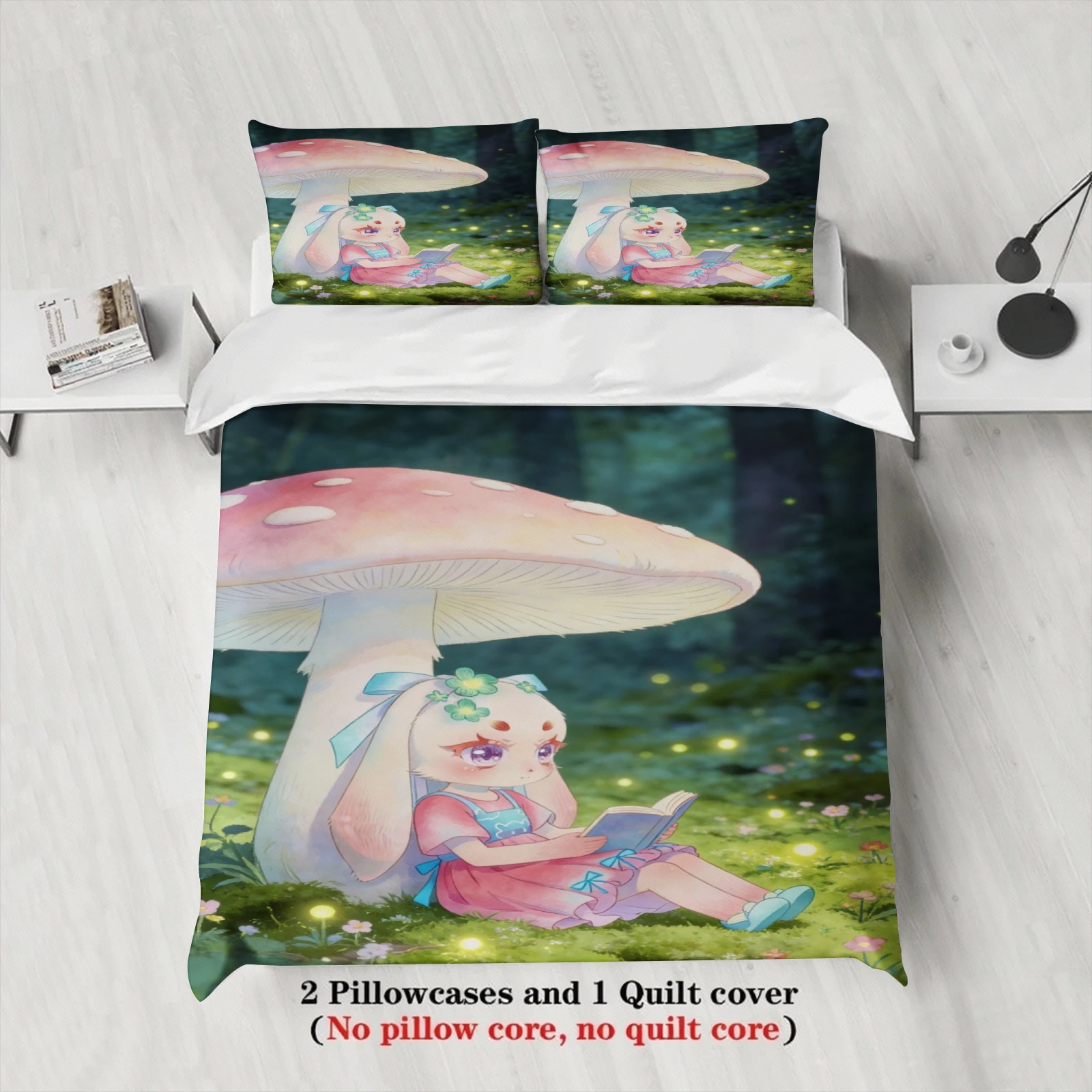 Softville Cozy Town 3PC Bedding Sets Lop Rabbit Reading Under Mushroom Pint Duvet Cover No filling Cartoon Style Queen King Size