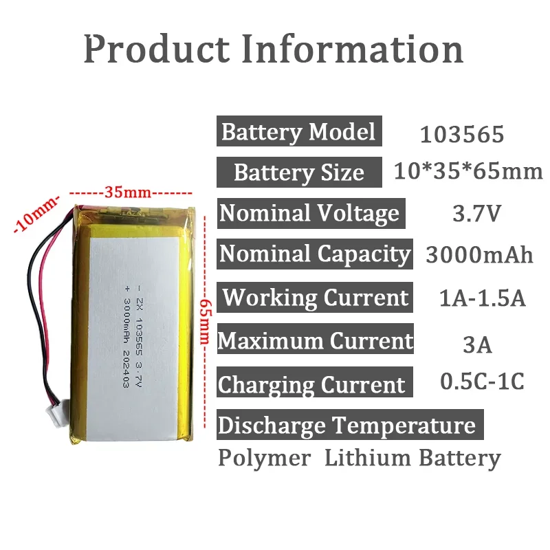 103665 Lithium Polymer Battery 3.7V 3000mAh with jst PH 2.0mm 2pin plug Open source console Miyoo Mini Plus Game machine