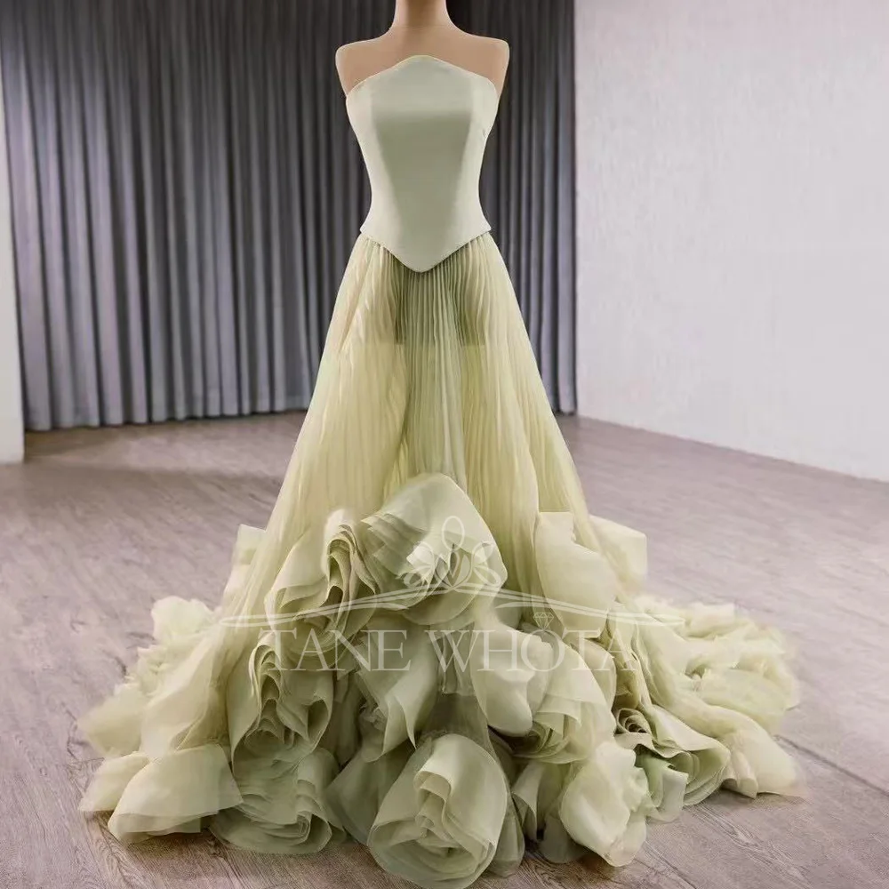 

Luxury Strapless Sleeveless A-Line Evening Dress 2025 3D Flower Avocado Color Prom Dress With Zipper Customizable Fit