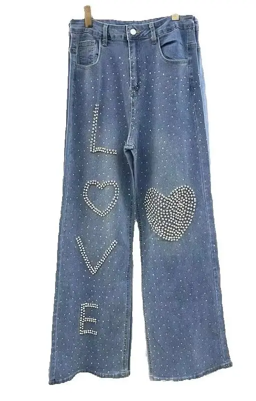 

Diamonds Love Hot Drilling Women Denim Trousers 2025 New Autumn All-match High Waist Straight Jeans Wide Leg Casual Pants